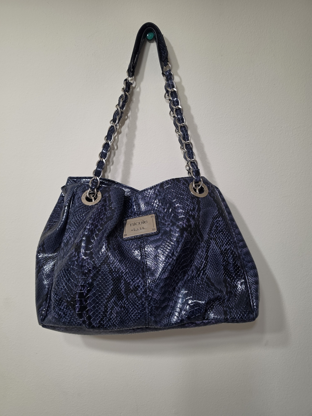 Nicole Miller' Navy Snake-Embossed Chain Tote